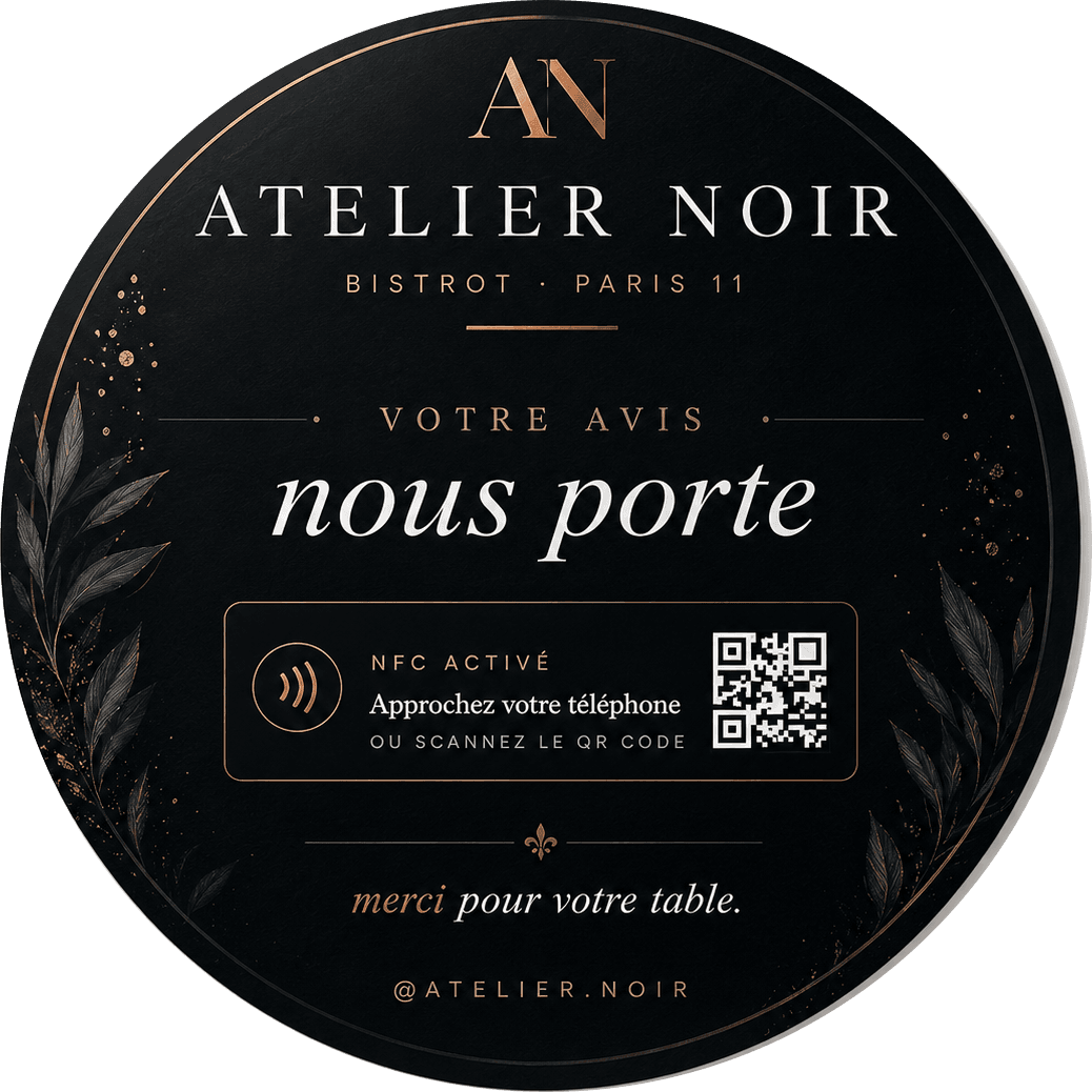 Plaquette Atelier Noir — bistrot parisien, invitation à laisser un avis