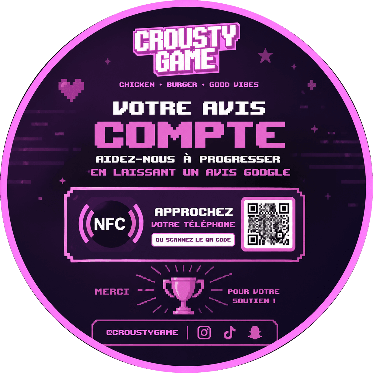 Plaquette Crousty Game — invitation à laisser un avis Google