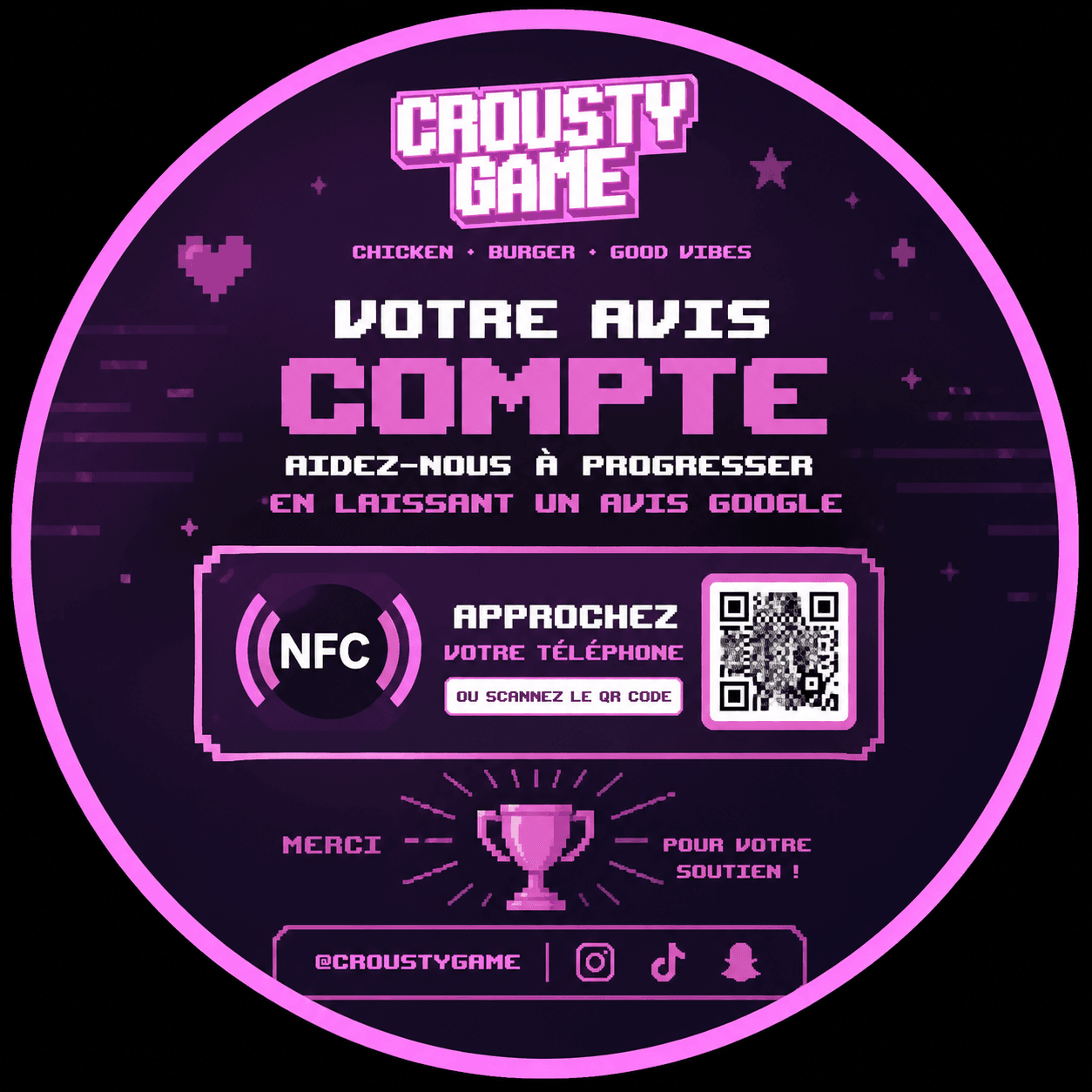 Plaquette Crousty Game — invitation à laisser un avis Google