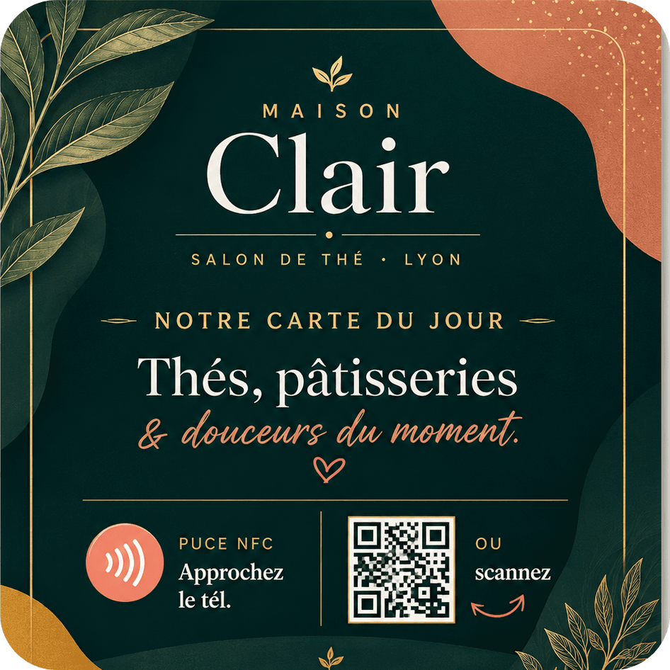 Plaquette Maison Clair — salon de thé lyonnais, accès à la carte du jour