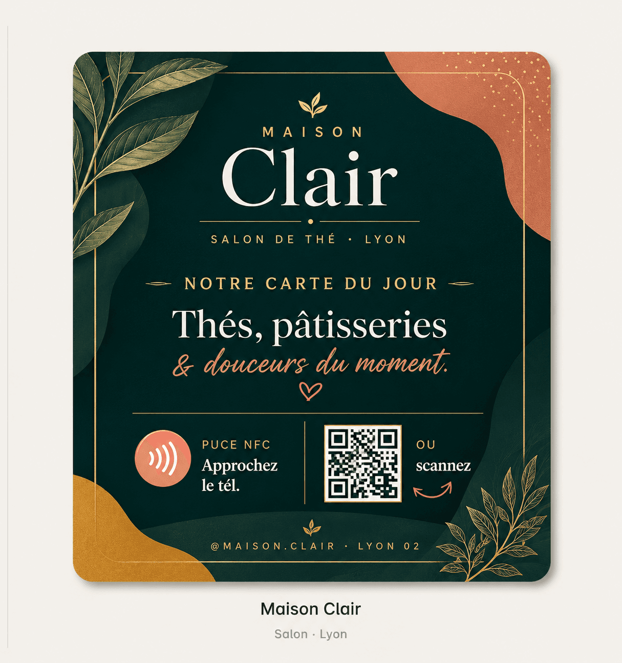 Plaquette Maison Clair — salon de thé lyonnais, accès à la carte du jour