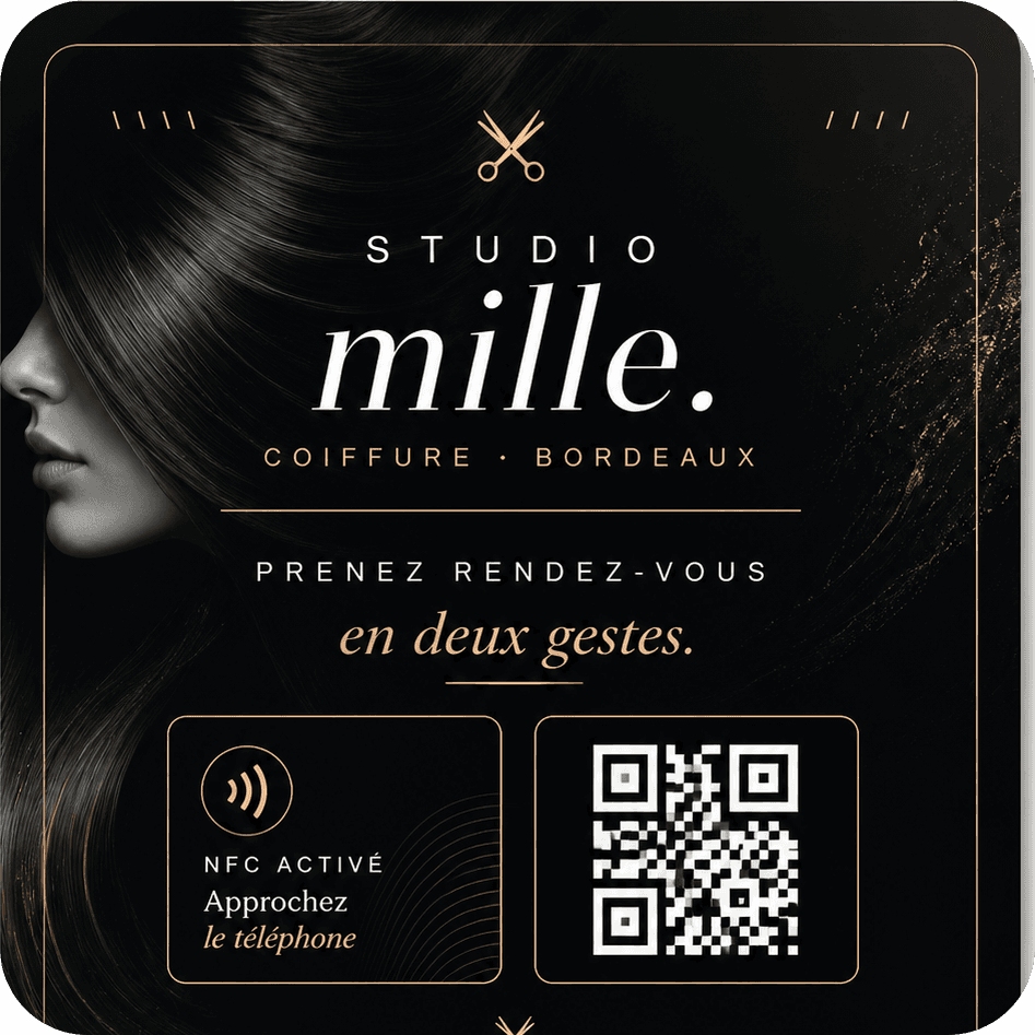 Plaquette Studio Mille — salon de coiffure, prise de rendez-vous NFC