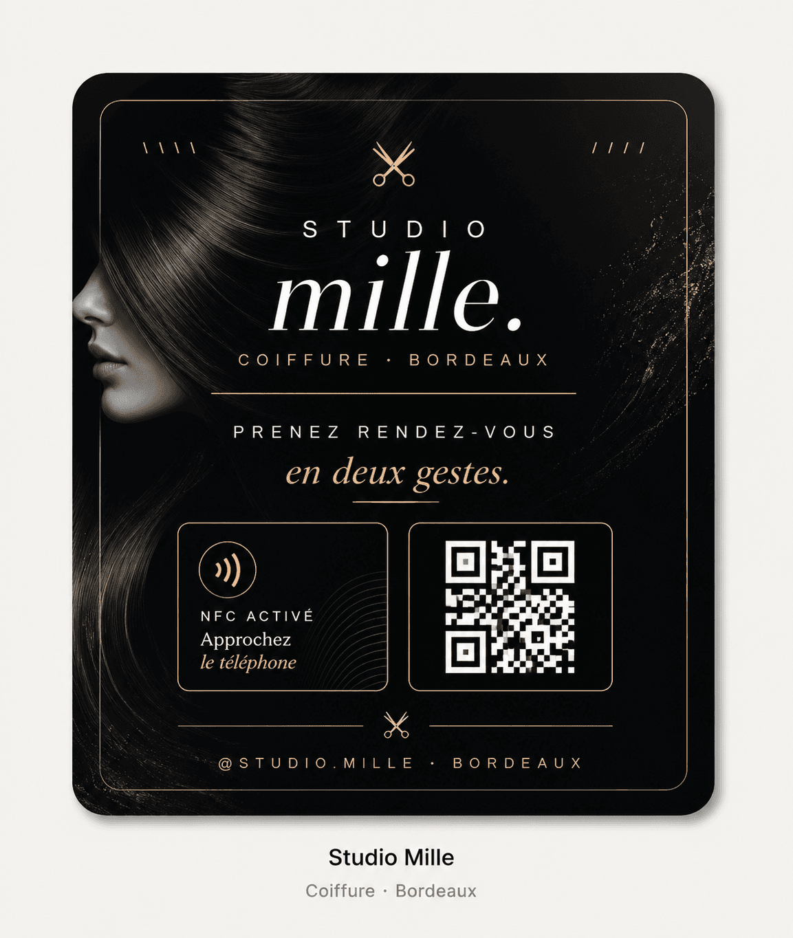 Plaquette Studio Mille — salon de coiffure, prise de rendez-vous NFC
